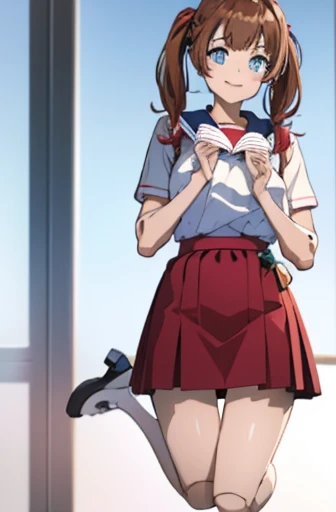 android, beautiful robot, short pigtails, brown hair, Hair tie with two big red clothespins, big smile, brown hair, middle age, joint seam, blue eyes, full body figure, Height: 160cm, Light beige micro mini dress, fluttering skirt, skirt folds, white retro swimwear, Uplifting, 2020s anime style, 21thcentury japan animation, show White pantie