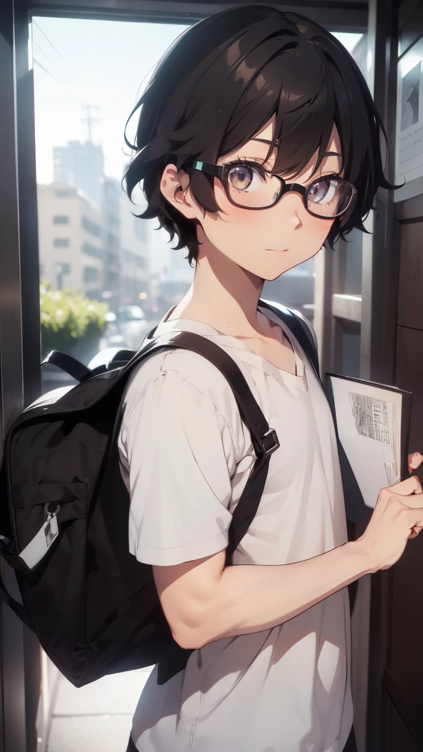 (1 boy), (school boy), Symmetrical Eyes, male, tie, holding a book, small book in hand, (holding small book), Thick black frame glasses, shy, black messy hair, bluish-grey eye color, wearing glasses, 4k, detailed, anime 4k, (Curly hair), from side, character focus, ((black light)),((dark lighting)), cinematic lighting ,(darkness), (concept art), high resolution,(incredibly absurdres) ,extremely detailed CG unity 8k wallpaper, ((masterpiece)), ((top-quality)), (beautiful illustration), ((an extremely delicate and beautiful)), (masterpiece, Best quality, ultra high resolution), Black hair, pale skin, ultra detailed eyes, Beautiful and detailed face, detailed eyes, (Centered, torso), (wide shot:0.9), facing the viewer, Eye level, ((male)), blushing, masculine face, narrow eyes, flat chest, masculine build, slightly muscular,
