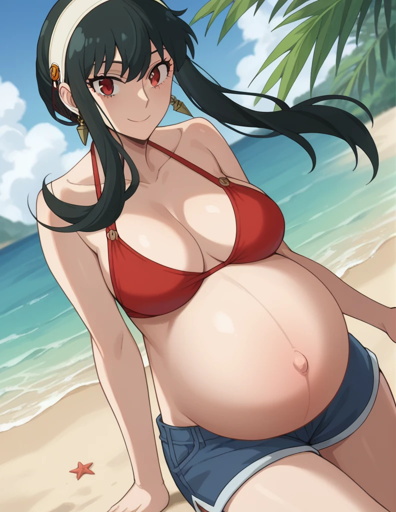 score_9, score_8_up, score_7_up, source_anime,
yorbriar, yor briar, black hair, red eyes, earrings, white hairband, hairband, long hair, sidelocks,
bare shoulders, red bikini, shorts, thighs,
Beach, smile,
looking at viewer, dutch angle, cowboy shot, pregnant, huge belly