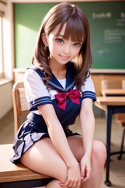 ((Sailor wear、Sailor Costume、Sailor Uniform、high school girl、Sailor suit、Red ribbon、Short sleeve、Navy pleated mini skirt with slit))、1 girl、Bob Hair、Brown Hair、Medium breast、smile、masterpiece:1.3、Raw photo、Highest quality、indoor、classroom、Sit on a chair、You can see the blackboard、Detailed Background、(Anatomically correct arms and legs、Anatomically correct fingers、Beautiful hands and fingers)、