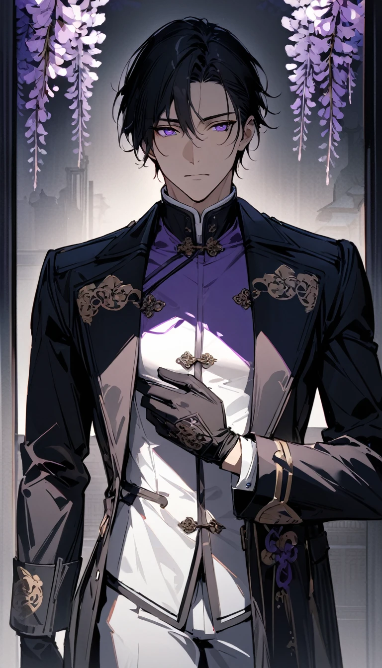 (masterpiece:1.5),best quality,(1 Handsome and calm man),alone,black short hair,(purple eyes), (soft expression),perfect face,Fantasy Chinese style,Long black trench coat,white and purple cloth,Complex clothing design with Chinese elements,Black leather gloves,white lining,White suit pants,Slightly muscular body,High,8K,Beautiful contrast of light and shadow,purple flowers,Wisteria flowers,(complete upper body),Positive face,((luxury screen)),Chinese style palace background