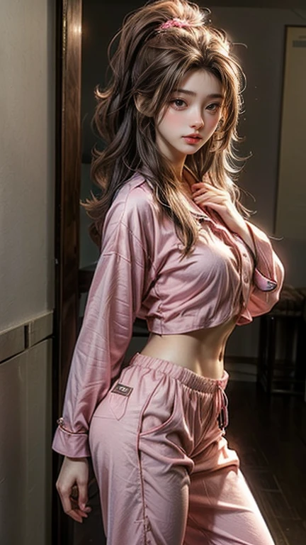 pretty girl, 22 years old, Realistic, She is wearing long pants, She is wearing pink pajamas, Brown Hair.