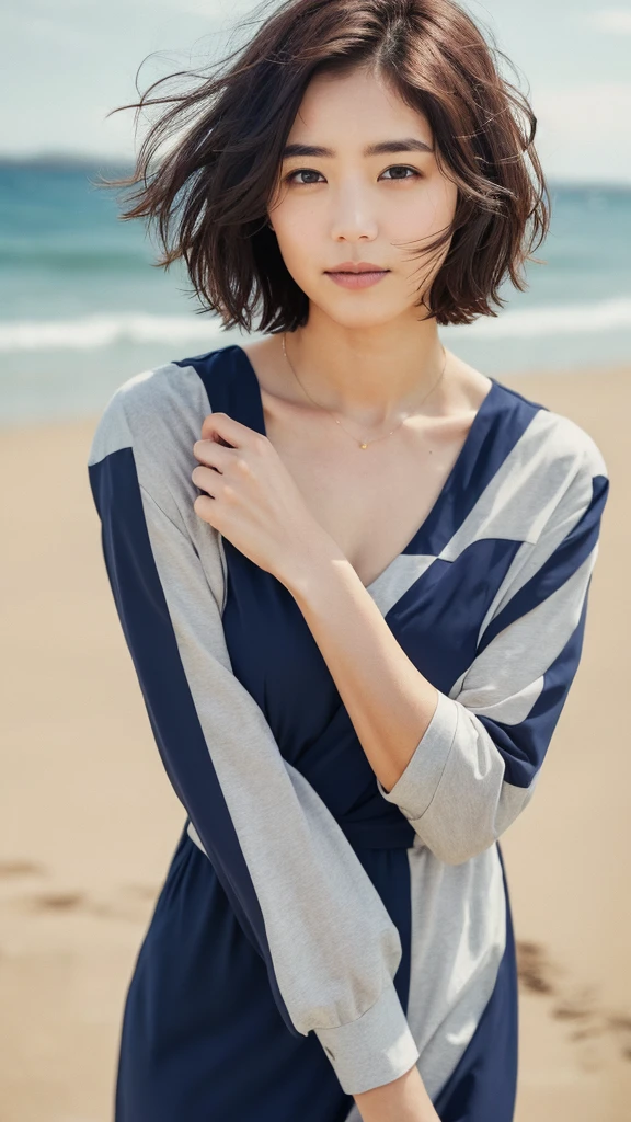 You are a professional photographer。 , short hair blown by the wind. She has a faint smile , Perfect Eyes, Perfect hands, Perfect body, Perfect Hair, Accurate the body, masterpiece, Accurate, Anatomically correct, Rough skin, Very detailed, Advanced Details, high quality, 最high quality, High resolution, 16K, 8k, Looking into the camera,Bold dresses、Thighs
