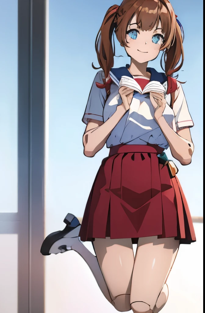 android, beautiful robot, short pigtails, brown hair, Hair tie with two big red clothespins, big smile, brown hair, middle age, joint seam, blue eyes, full body figure, Height: 160cm, Light beige micro mini dress, fluttering skirt, skirt folds, white retro swimwear, Uplifting, 2020s anime style, 21thcentury japan animation, show White pantie