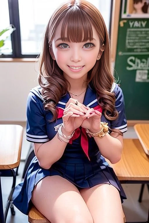 ((Sailor wear、Sailor Costume、Sailor Uniform、high school girl、Sailor suit、Red ribbon、Short sleeve、Navy pleated mini skirt with slit))、1 girl、Bob Hair、Brown Hair、Medium breast、smile、masterpiece:1.3、Raw photo、Highest quality、indoor、classroom、Sit on a chair、You can see the blackboard、Detailed Background、Anatomically correct arms and legs、Anatomically correct fingers、
