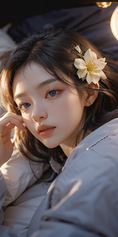 (masterpiece: 1.2, Portraiture, Highest quality), Realistic, (Live Action, Intricate details, Written boundary depth), Highest quality, masterpiece, Attention to detail, semi-Realistic, Sleeping in bed, shy, 21 years old, Short Blonde, blue eyes, pajamas, Slim figure、Canopy bed、