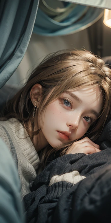 (masterpiece: 1.2, Portraiture, Highest quality), Realistic, (Live Action, Intricate details, Written boundary depth), Highest quality, masterpiece, Attention to detail, semi-Realistic, Sleeping in bed, shy, 21 years old, Short Blonde, blue eyes, pajamas, Slim figure、Canopy bed、