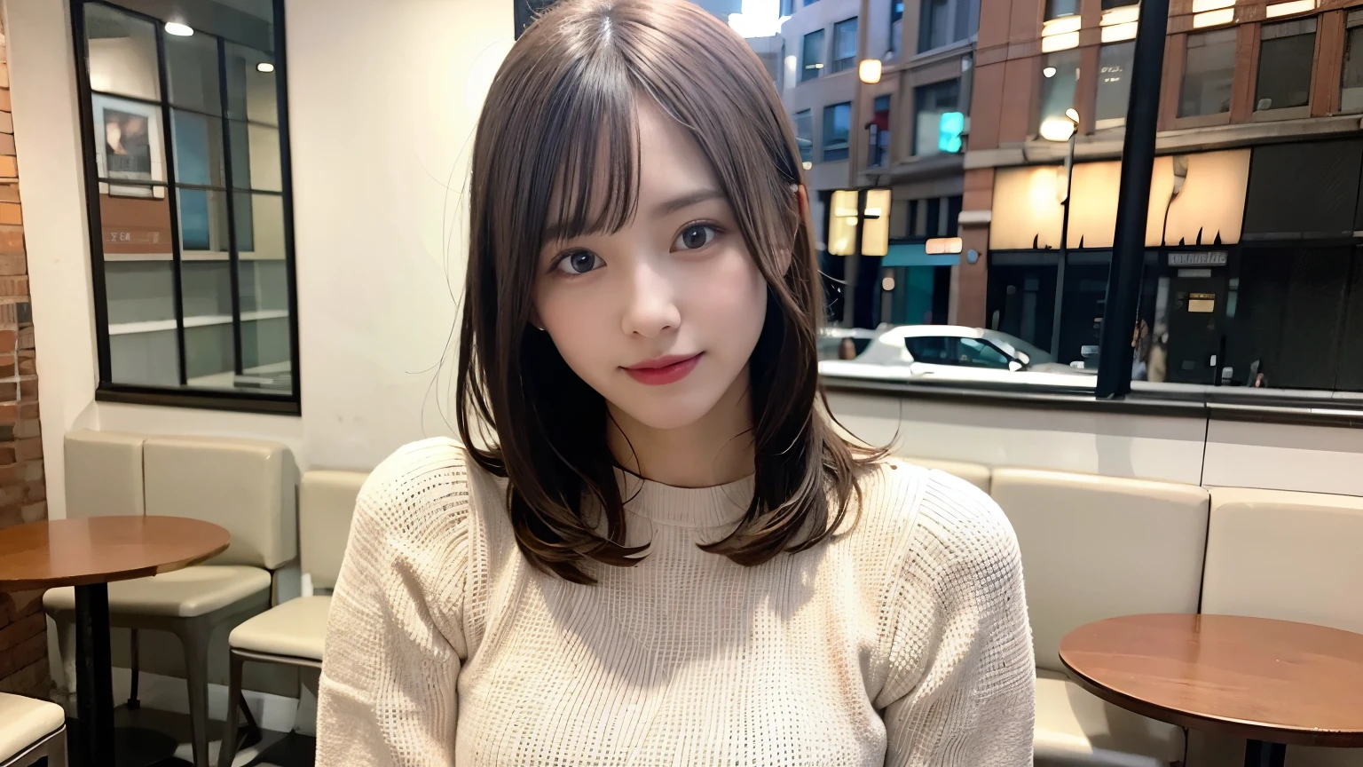(8k, RAW Photos:1.2)Detailed face and eyes,最high quality, Ultra-high resolution, Very detailed ,Intricate details ,Tabletop ,pretty girl , Soft cinematic light, Hyper Detail,Sharp focus, high quality, Blonde, Bobcut, outside,Knitted dress, Photographed inside the cafe, Urban Cafe、Stylish interior