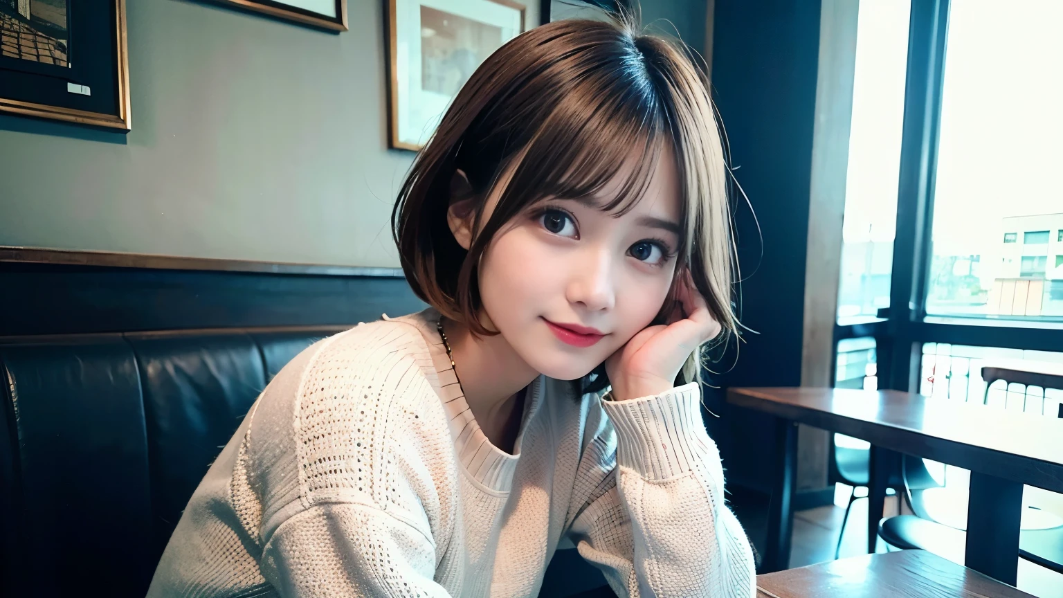 (8k, RAW Photos:1.2)Detailed face and eyes,最high quality, Ultra-high resolution, Very detailed ,Intricate details ,Tabletop ,pretty girl , Soft cinematic light, Hyper Detail,Sharp focus, high quality, Blonde, Bobcut, outside,Knitted dress, Photographed inside the cafe, Urban Cafe、Stylish interior