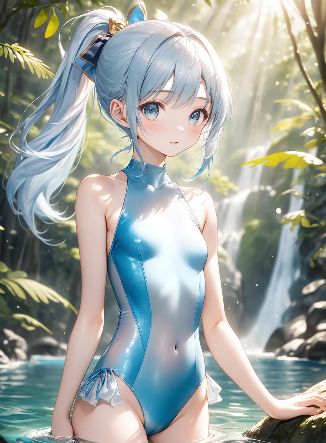 (Highest quality, 8k, 32K, masterpiece, Ultra-high resolution,:1.2),born, One girl,Super cute , Natural light,Clear, shining eyes, 20-year-old ,Fair skin, Light blue hair, ponytail, Bold Swimsuit, Nature