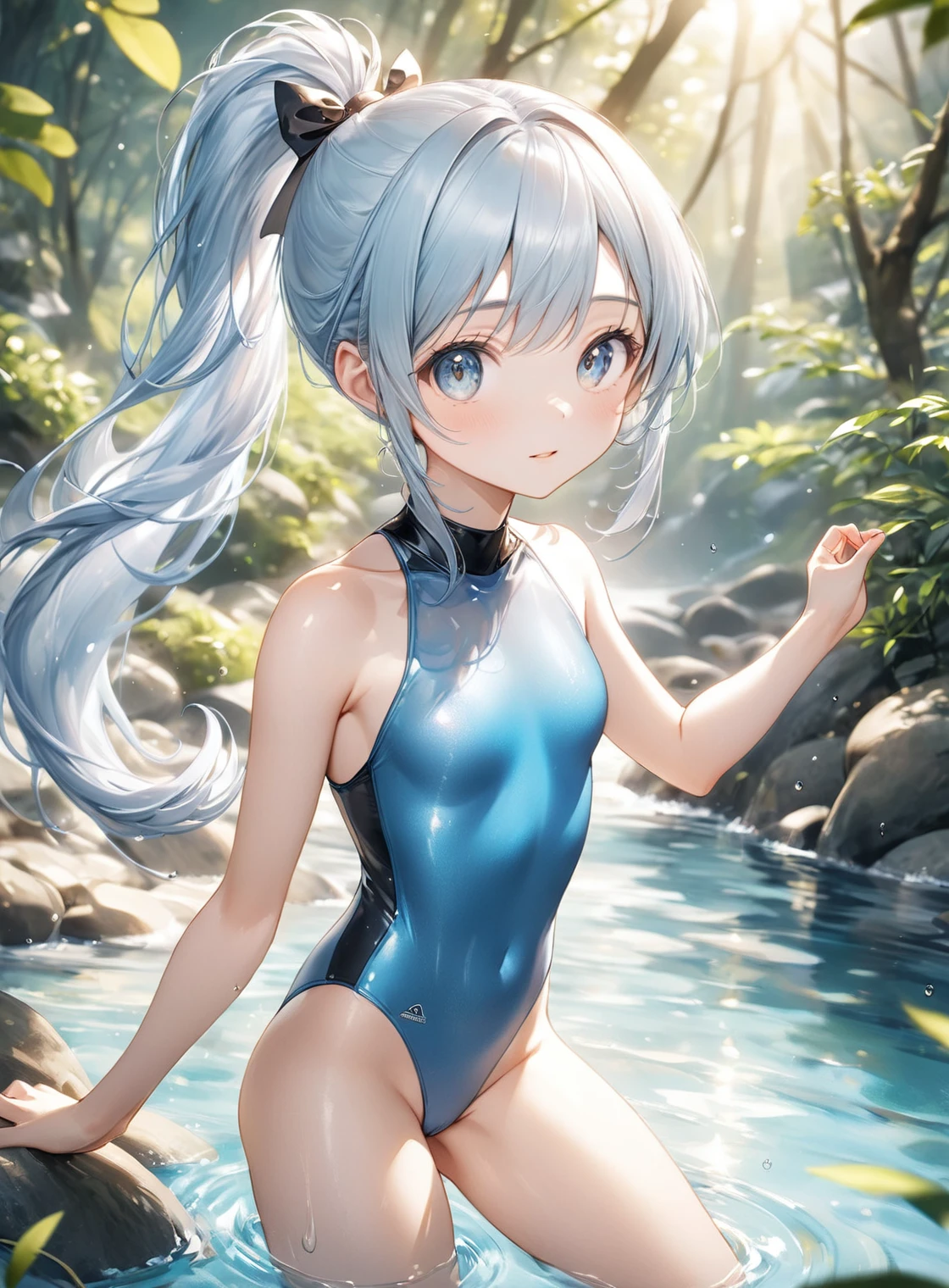 (Highest quality, 8k, 32K, masterpiece, Ultra-high resolution,:1.2),born, One girl,Super cute , Natural light,Clear, shining eyes, 20-year-old ,Fair skin, Light blue hair, ponytail, Bold Swimsuit, Nature