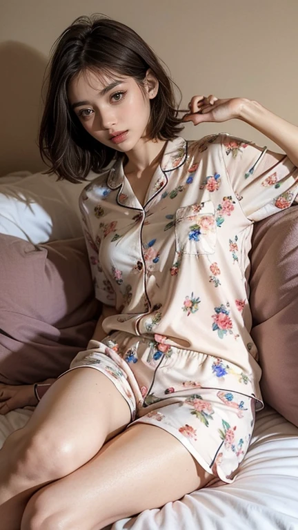 Sleepy girl, 22 years old, Realistic, she is wearing shorts, She is wearing floral pajamas, short hair.