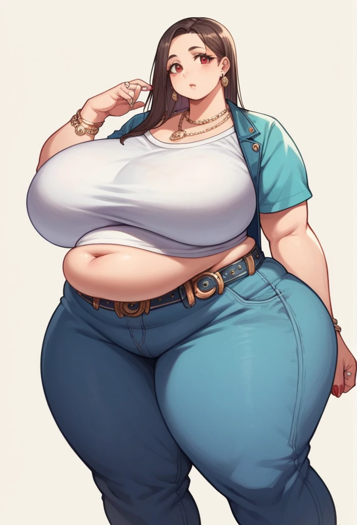 Anime Women, Lady、Black Hair, Forehead、Braid、Glasses、Brown eyes、Are fat、Chubby、Voluptuous、obesity、Double chin、Cheek、Fat-covered neck、Big Breasts、Thick upper arms、Denim jumpsuit、Jumper、Sweat、blush