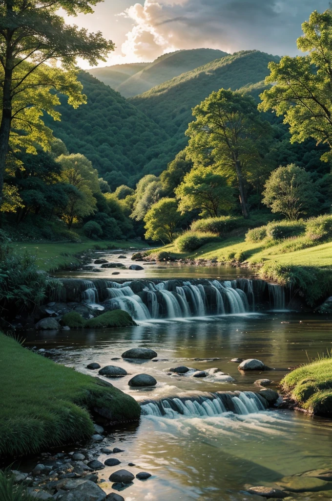 Generate Prompt
You have 1 generation left today.

A serene landscape featuring a large, lush green tree standing beside a gently flowing stream. The scene is illuminated by soft, diffused sunlight breaking through dramatic clouds, casting a tranquil glow over the rolling hills and vibrant grass. Smooth stones line the water's edge, reflecting the surrounding greenery, creating a peaceful and idyllic atmosphere. The composition captures the essence of nature, evoking feelings of calm and serenity, with a focus on natural beauty and harmony