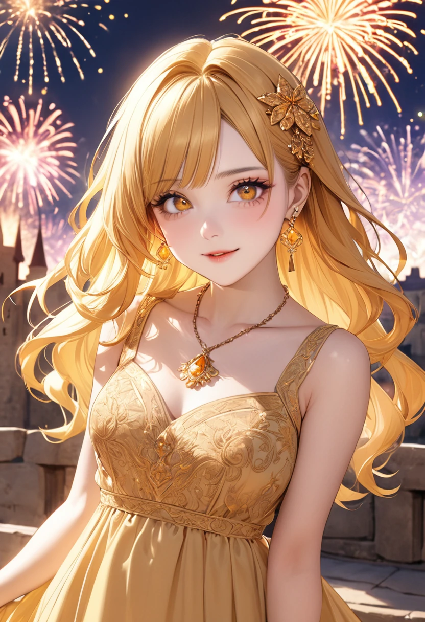 1 female Yellow shortcuts Yellow eyebrows Orange eyes Socialite debut Beige long dress with gold embroidery Inside the castle firework hair ornaments Gorgeous necklace with matching earrings Golden West