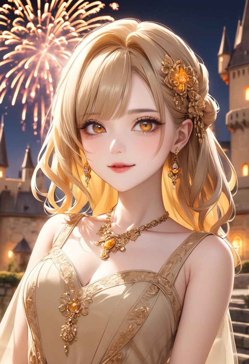 1 female　Yellow shortcuts　Yellow eyebrows　Orange eyes　Socialite debut　Beige long dress with gold embroidery　Inside the castle　firework 　hair ornaments　Gorgeous necklace with matching earrings　Golden West