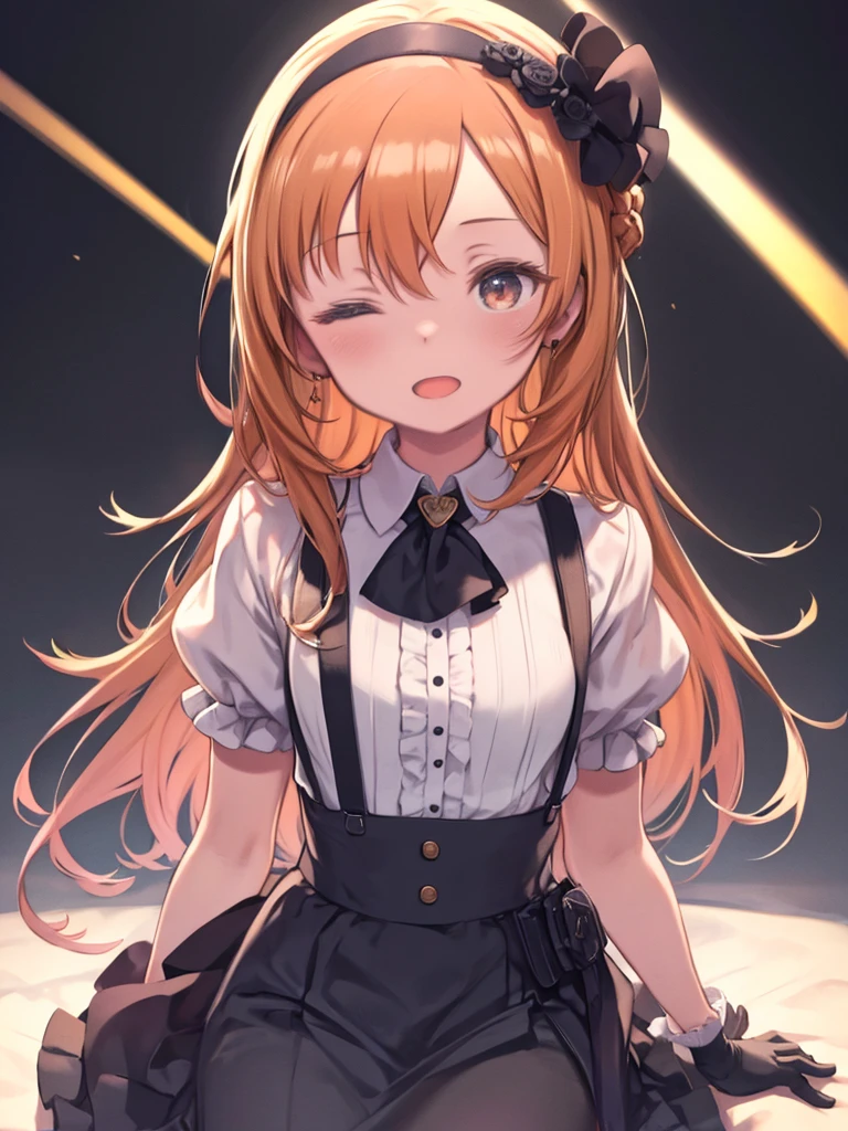 Highest quality, masterpiece, High resolution, alone, {Yuki_Spring_Idolmaster Cinderella Girls su149:1.15}, orange_hair, purple_eye, length_hair, 前hair, upper_body, blonde_hair, hair_between_eye, One girl, Ascot, black_gloves, gloves, Open_mouth, shirt, white_shirt, black_hairband, hairband, skirt, suspenders, Closed_eye, With collar_shirt