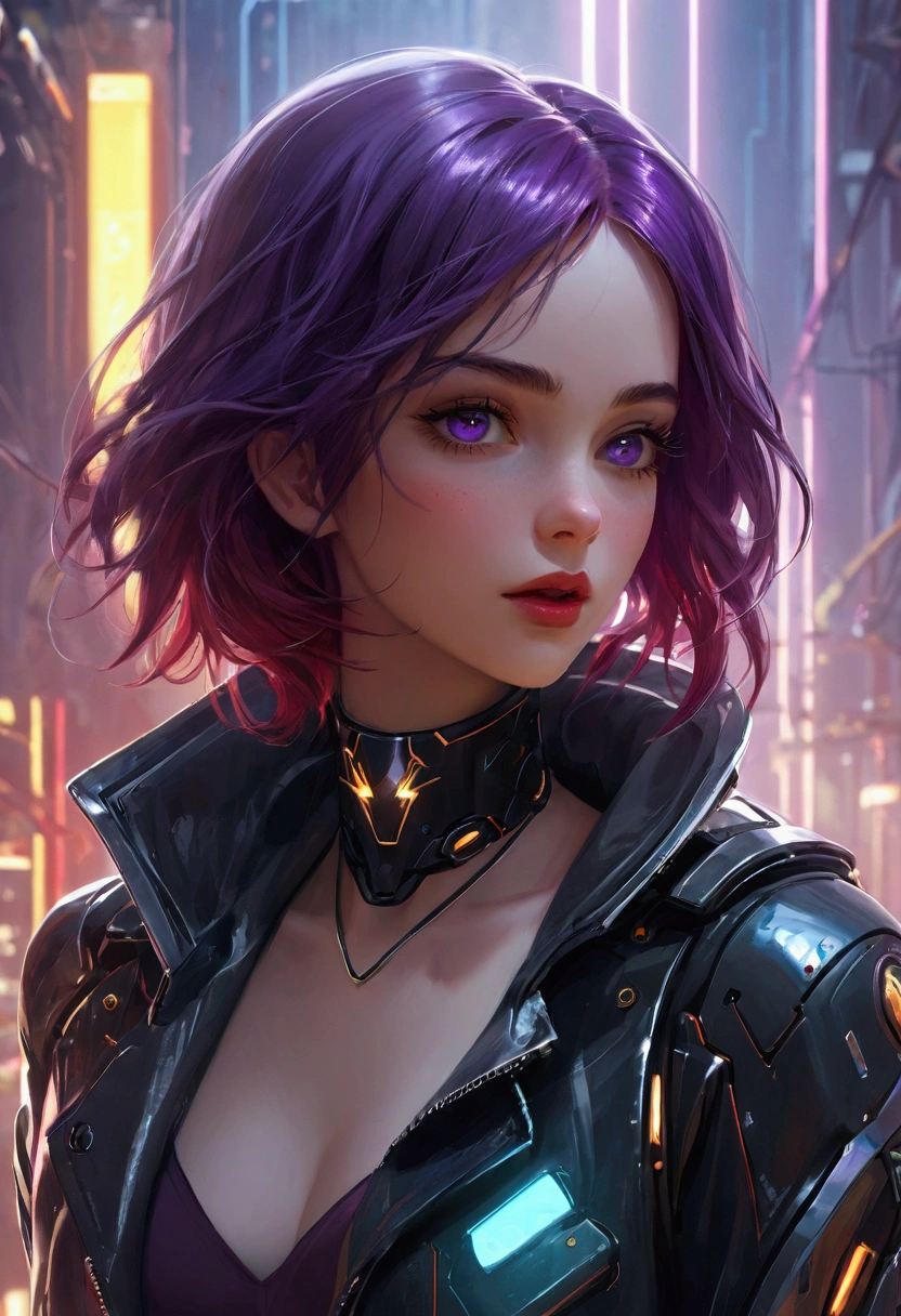 masterpiece, best quality, (Highly detailed CG Unity 8k wallpaper) (best quality), (Best Illustration), (Best shadow), beautiful girl, Look away, Small Breasts, Wearing a rugged jacket, Robotic Arm, Hair accessories,(Glowing skin),Red lips, Open your mouth, Cyberpunk Background, Extremely exquisite and beautiful, (Floating purple hair), Delicate face, Neck strap, (Mysterious atmosphere), flash:0.8,Light rising from the bottom,  A bunch of glowing white particles floating, Many small fires floating,