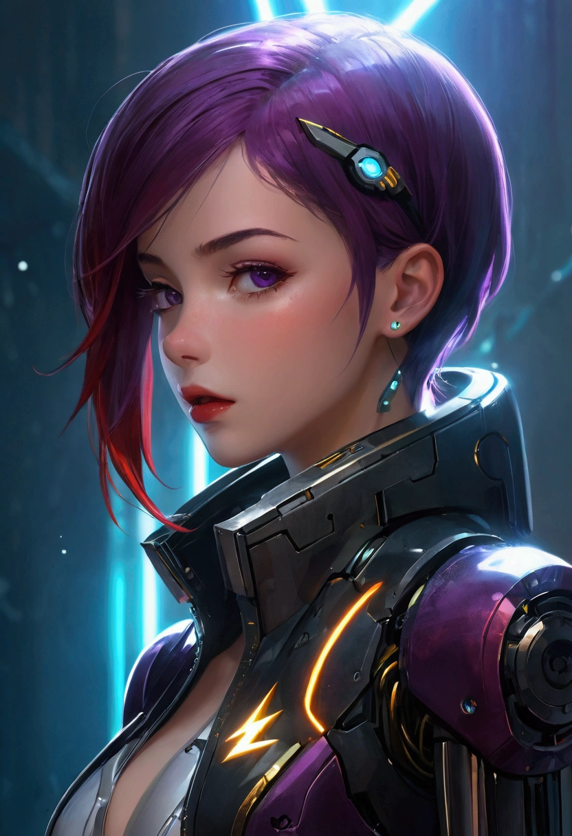 masterpiece, best quality, (Highly detailed CG Unity 8k wallpaper) (best quality), (Best Illustration), (Best shadow), beautiful girl, Look away, Small Breasts, Wearing a rugged jacket, Robotic Arm, Hair accessories,(Glowing skin),Red lips, Open your mouth, Cyberpunk Background, Extremely exquisite and beautiful, (Floating purple hair), Delicate face, Neck strap, (Mysterious atmosphere), flash:0.8,Light rising from the bottom, A bunch of glowing white particles floating, Many small fires floating,