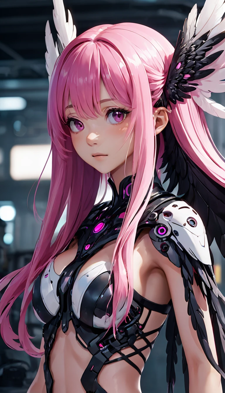 pink hair, messy hair, very long hair, pov, atmospheric perspective, 8k, super detail, best quality, cinematic lighting, masterpiece, Mechanical body, black steel body parts, large wings growing from its back, detailed face, detailed eyes