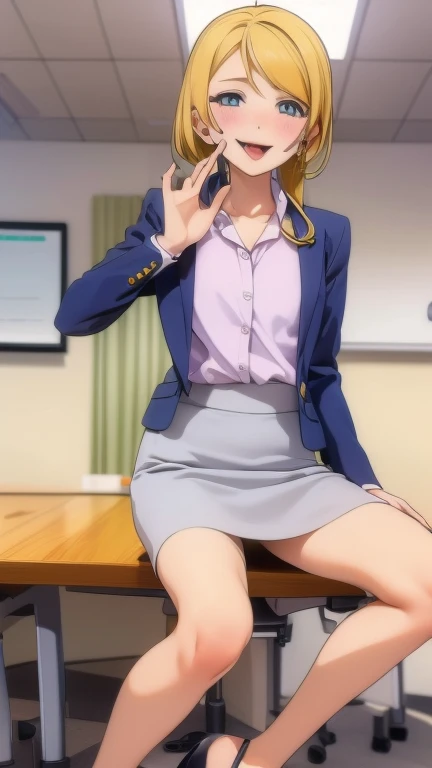 masterpiece,office,blonde,Navy blue jacket,Light pink shirt,The chest is exposed,Spread your legs,M-foot:1.7,Job hunting suit:1.5,Ahega,Sticking out tongue,Blowjob Gestures,A mischievous smile with her fingers around her tongue,to ridicule,Troubled face, despise, Improve, clavicle, conference room,Light pink shirt, Collared shirt, Pencil Skirt,High heels