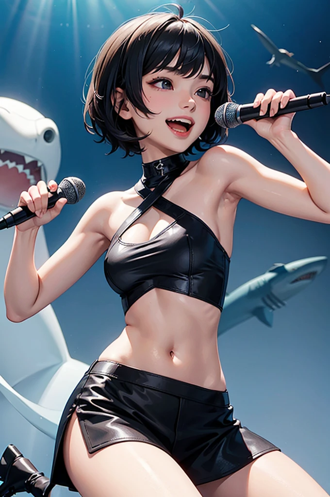 A girl singing with a microphone，short hair，With a shark tail，Smile with jagged teeth