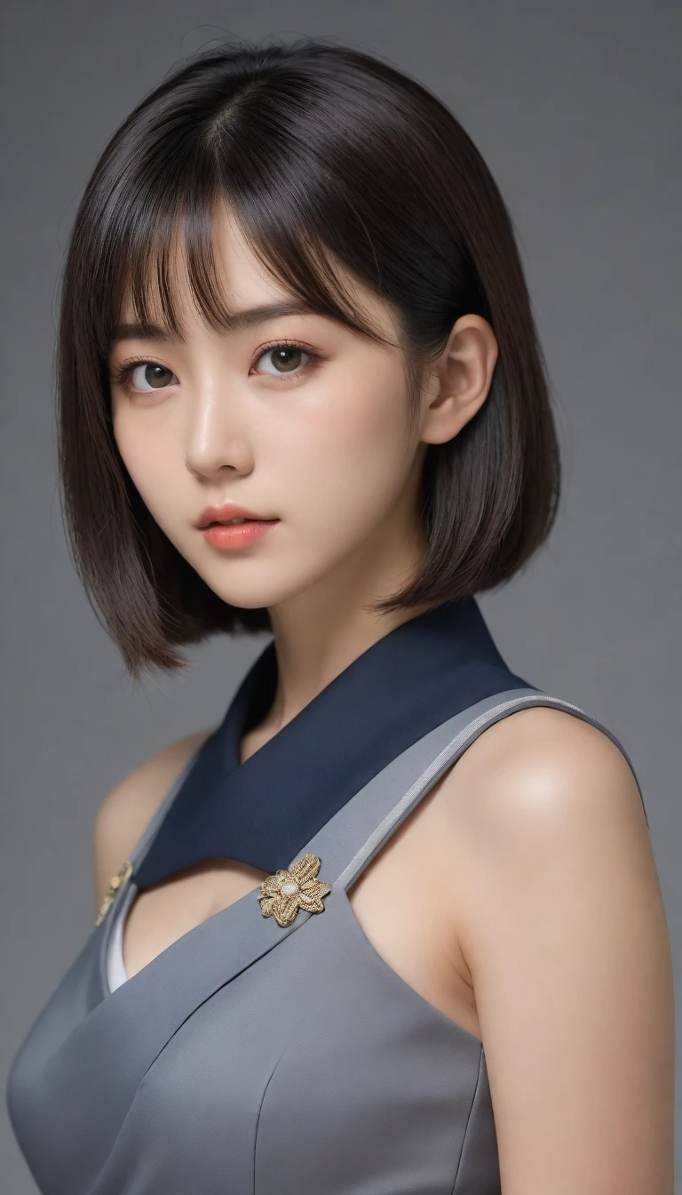 8k, Ultra-high resolution, Highest quality, masterpiece, 三分割法によるphotograph,Surreal, photograph, 1 Girl, (:1.3), pretty girl, Cute Face, Beautiful eyes in every detail, 細かくdetailedに,masterpiece,One Girl:1.2,Japanese female officer,Superior non-commissioned officer,full body,Serious expression,Black short hair,Bob with bangs, (The finest ceremonial attire:1.3),Pencil Skirt,Military clothing,Sharp contours,Looking down,Gray background, Light from above, Low contrast, (Side view),Perfect and beautiful face ,完璧でCute Face, Skin with attention to detail, Perfect limbs、Narrow waist,Looking at the audience,(((Ideal body type))),A cup small breasts :2,Portraiture:2,Perfect Anatomy,鮮明なdetailed,detailed,Surreal,Light and shadow,glowing