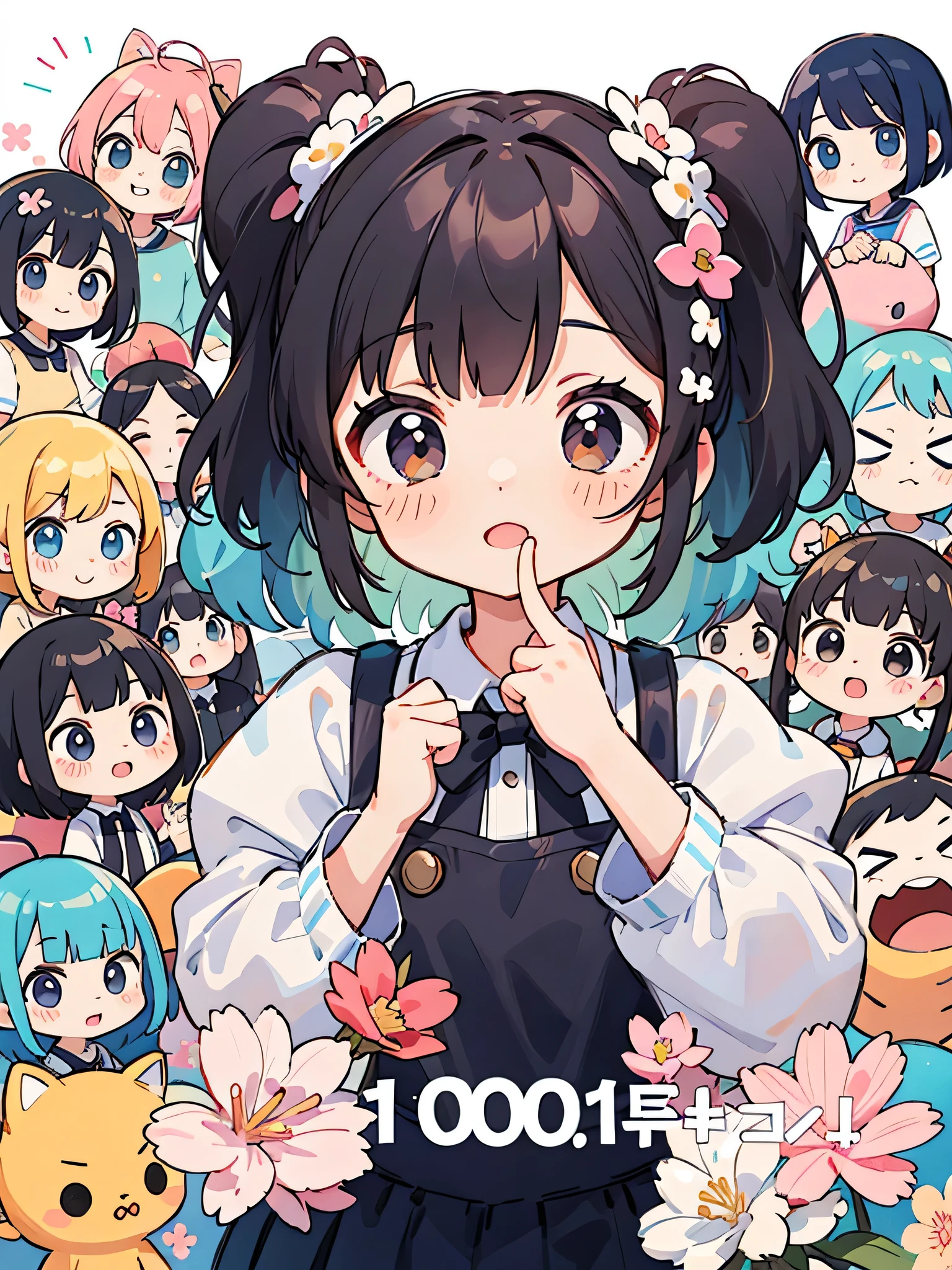 Momoko Sakura style, Kawaii Design, (((10 people)))、most beautiful girl ever、Chibi, Colorful bob hair、((Lots of friends))、Play with everyone、primary school
