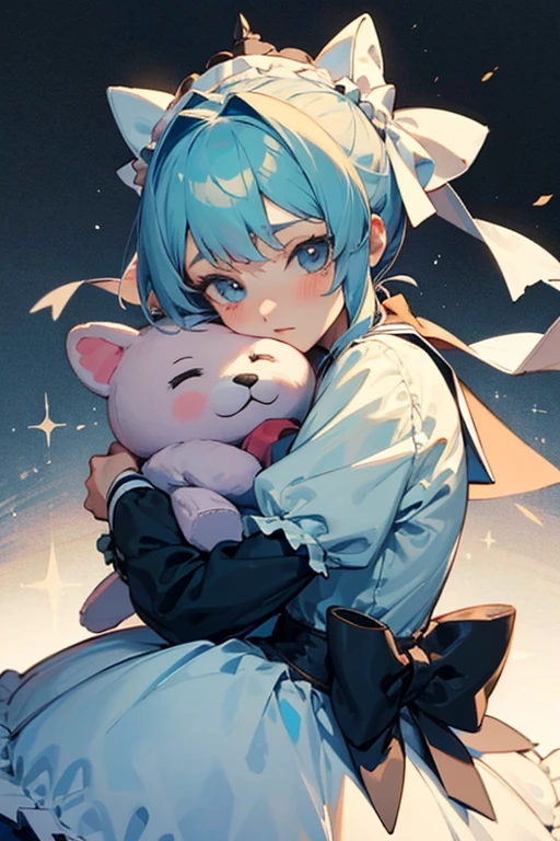 Anime girl ta hugging a stuffed animal
