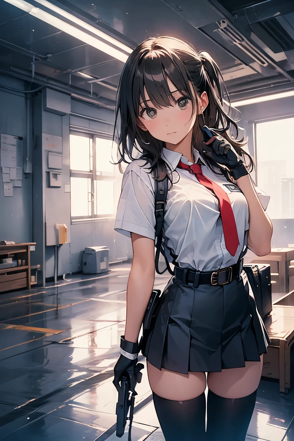 1 female, , high quality, masterpiece, Ultra-high resolution, , Cinema Lighting, , , 1 female, , high quality, masterpiece, Ultra-high resolution, , Cinema Lighting, , , And the suspenders with the cranes flying　　　Moderate breasts　 　 　　　　Large Breasts　 　 　　　　Small face　 　　　holster　　　　　　　 Lying in bed　Looking up　　　　Sweat 　　　belt　summer　脇Sweat 　Black Hole Gloves　suit　　　　 　garterbelt　Leg Links　ズボンにbelt　　holster　 　　Hands behind your back　 Anxious expression　Looking up　Anxious face　Knee-high　Knee socks　Knee-highソックス garterbelt　garter　ふとももにgarterbelt　Checkered mini skirt　Necktie Headband　ribbon　Panty shot　スカートの隙間 Armament　Handgun　handcuffs　Cable ties　レッグholster　holster 　　Hands behind your back　 Anxious expression　Looking up　Anxious face 足を横に開く　Armament　　Cable ties　レッグholster　holster　See-through clothing　heavy rain　Getting wet in the rain
