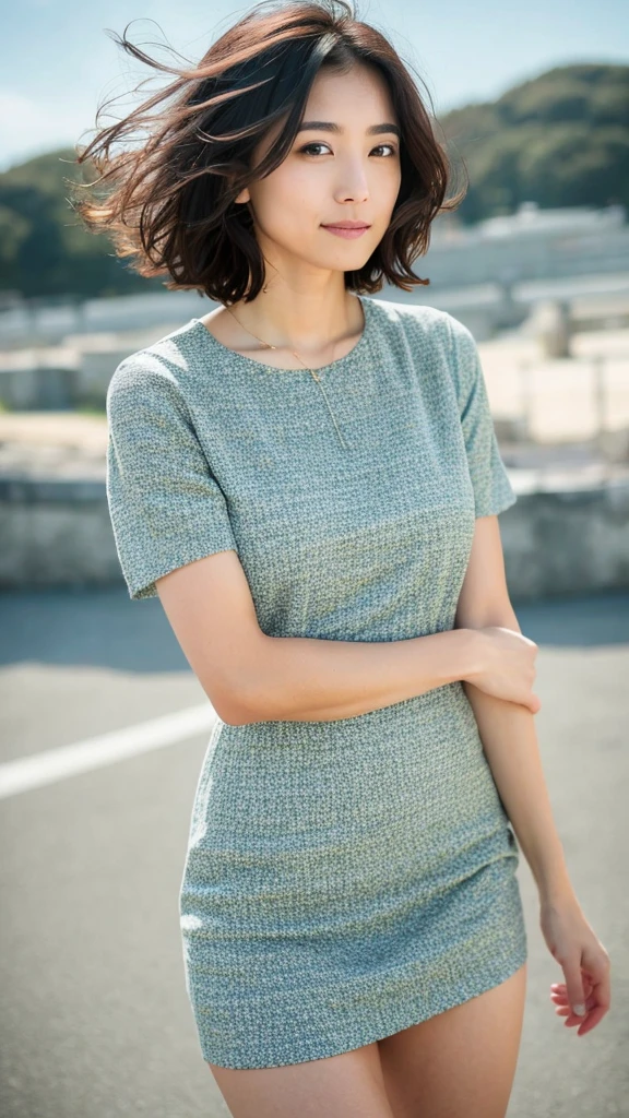 You are a professional photographer。 , short hair blown by the wind. She has a faint smile , Perfect Eyes, Perfect hands, Perfect body, Perfect Hair, Accurate the body, masterpiece, Accurate, Anatomically correct, Rough skin, Very detailed, Advanced Details, high quality, 最high quality, High resolution, 16K, 8k, Looking into the camera,Bold dresses、Thighs