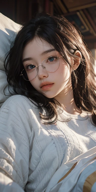(masterpiece: 1.2, Portraiture, Highest quality), Realistic, (Live Action, Intricate details, Written boundary depth), Highest quality, masterpiece, Attention to detail, semi-Realistic, Sleeping in bed, shy, 21 years old, Short Blonde, blue eyes, pajamas, Slim figure、Dark Room、Reading with glasses on