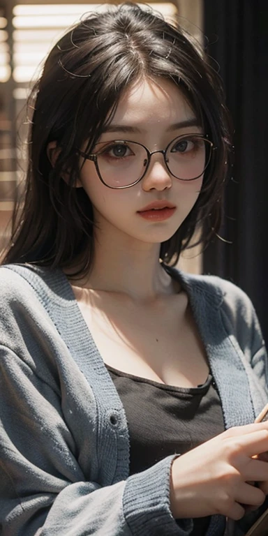 (masterpiece: 1.2, Portraiture, Highest quality), Realistic, (Live Action, Intricate details, Written boundary depth), Highest quality, masterpiece, Attention to detail, semi-Realistic,  Sleeping in bed, shy, 21 years old, Short Blonde, blue eyes, pajamas, Slim figure、Dark Room、Reading with glasses on