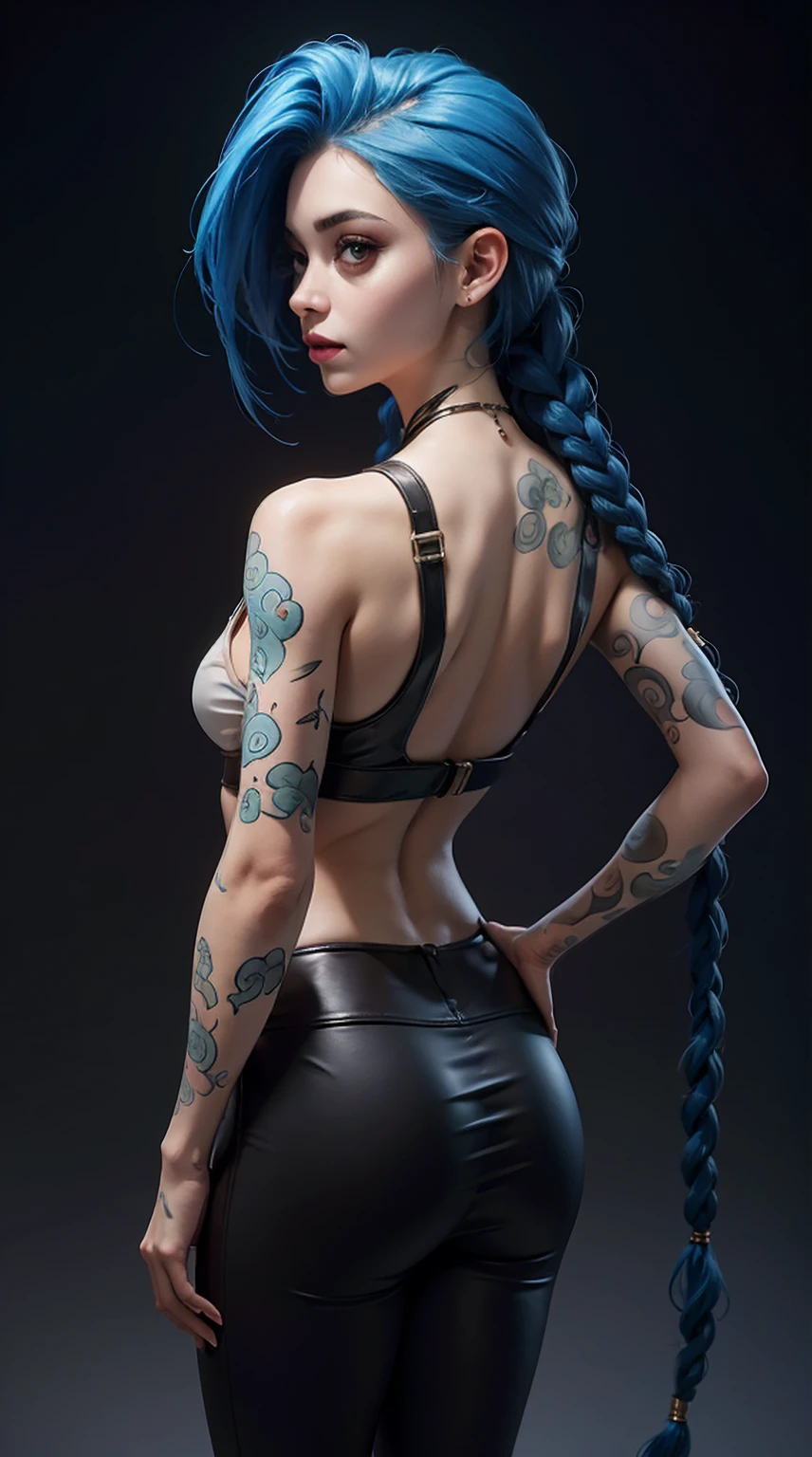 Jinx arcane, Mesh white silicone leggings, short in mesh t-shirt, without bra, back view
