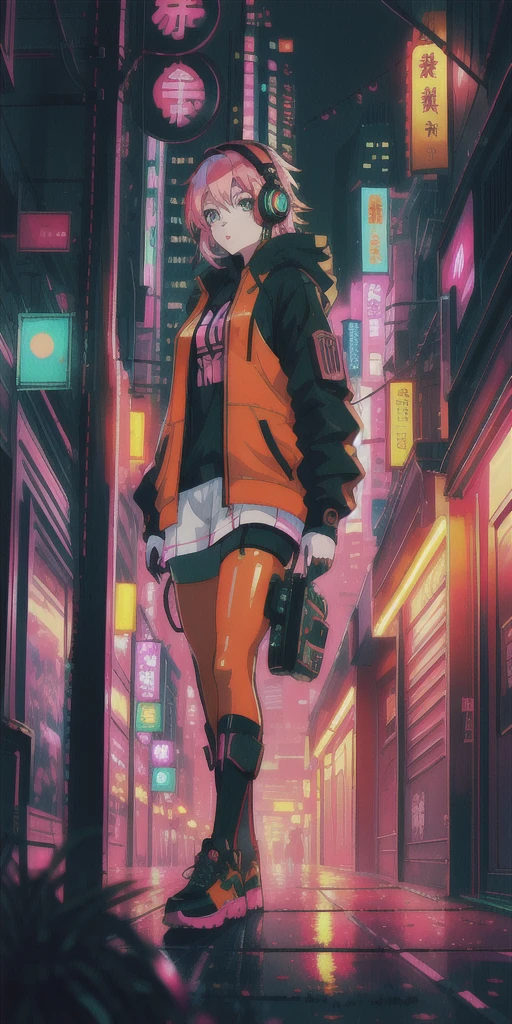 {masterpiece}, {Highest quality}, {{oil}} , {{wallpaper 8k CG}}, {Realistic}, Concept Art, {{cyber punk}}, green、red、orange、Change pink hard light, Complex Light, In the city at night with neon lights and buildings in the background、Portrait of a robot girl with pink hair and headphones, In the sci-fi city at night, White and complex clothes, Dynamic Hair, haircut, Dynamic Ambiguity, beautifully、aesthetic, Complex Light, Manga and anime,