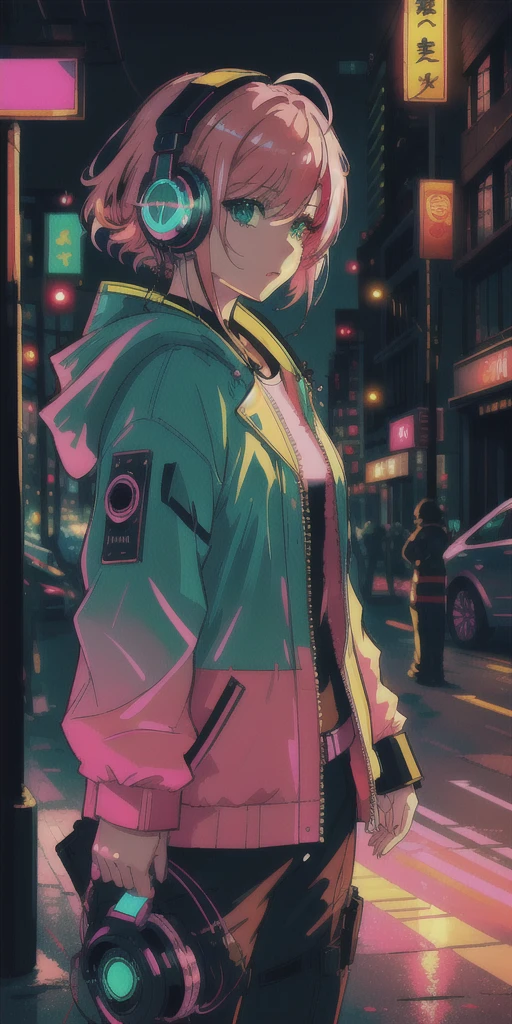 {masterpiece}, {Highest quality}, {{oil}} , {{wallpaper 8k CG}}, {Realistic}, Concept Art, {{cyber punk}}, green、red、orange、Change pink hard light, Complex Light, In the city at night with neon lights and buildings in the background、Portrait of a robot girl with pink hair and headphones, In the sci-fi city at night, White and complex clothes, Dynamic Hair, haircut, Dynamic Ambiguity, beautifully、aesthetic, Complex Light, Manga and anime,