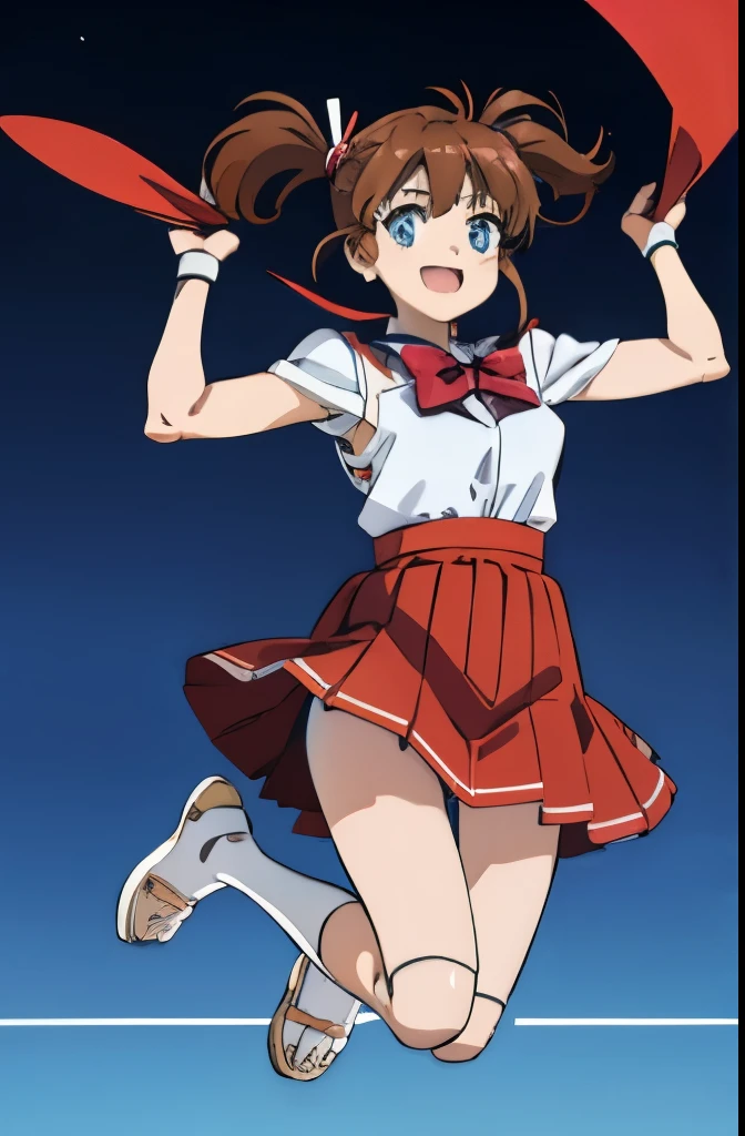 android, beautiful robot, short pigtails, brown hair, Hair tie with two big red clothespins, big smile, brown hair, middle age, joint seam, blue eyes, full body figure, Height: 160cm, Light beige micro mini dress, fluttering skirt, skirt folds, white retro swimwear, Uplifting, 2020s anime style, 21thcentury japan animation, show White pantie