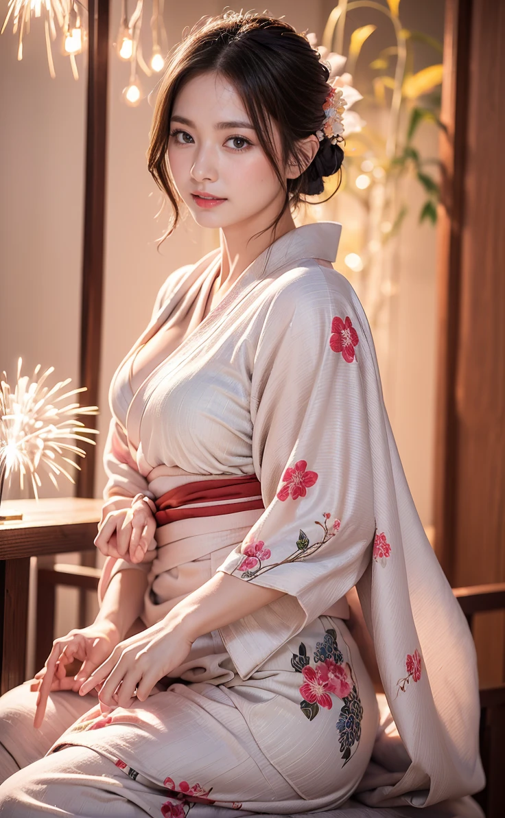 (8k、RAW Photosgraphy、Highest quality、masterpiece:1.2)、(Realistic、Photorealistic:1.37)、Ultra-high resolution、One Girl、cute、solo、night、Sitting、date、(Nose redness)、(Laughter:1.1)、(Closed)、huge 、Beautiful Eyes、(short hair:1.2)、(((Fireworks bursting into the sky、night)))、(((kimono、yukata)))、Cleavage、Perfect body、Perfect Fingers、Professional Lighting、Japanese Goddess、gravure、Detailed face and skin texture、Detailed eyes、RAW Photos