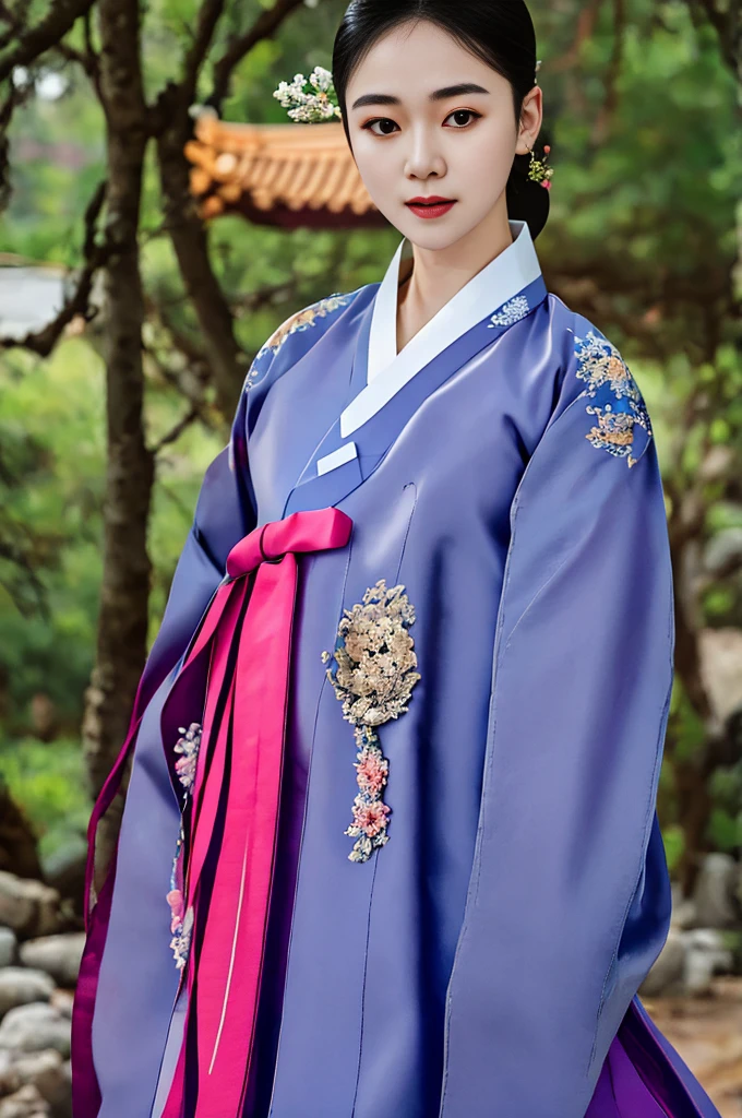 a korean actress starring in a fantasy television drama, film still, shot on a sony alexa, hanbok, edgEF, wearing edgEF eastern clothing, dangui, detailed face, detailed eyes,  intricate details, film grain, skin details, high detailed skin texture, 4k, sharp focus, masterpiece, award winning photo, analog style photo, film grain, Full shout