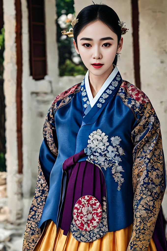 a korean actress starring in a fantasy television drama, film still, shot on a sony alexa, hanbok, edgEF, wearing edgEF eastern clothing, dangui, detailed face, detailed eyes, intricate details, film grain, skin details, high detailed skin texture, 4k, sharp focus, masterpiece, award winning photo, analog style photo, film grain, Full shout