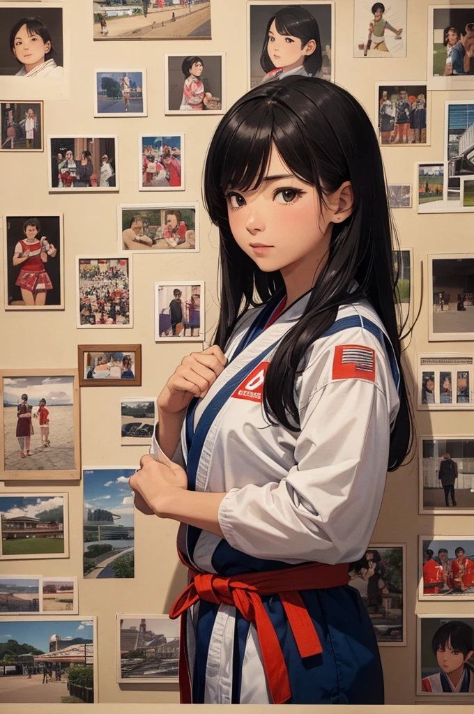 (masterpiece, best quality),
woodblock print collage depicting,A girl standing in front of many photos,judo uniform,Judo representative from Japan,detailed face,surrounded by various olympic and judo photos,pari olympic,colorful, collage art, contemporary artistic collage,
