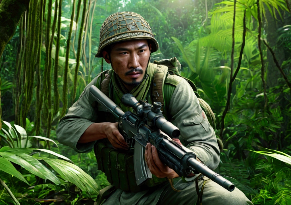 oriental soldier in the middle of the jungle, taking shots in his body,ultrarealistic, highly detailed, 4k
