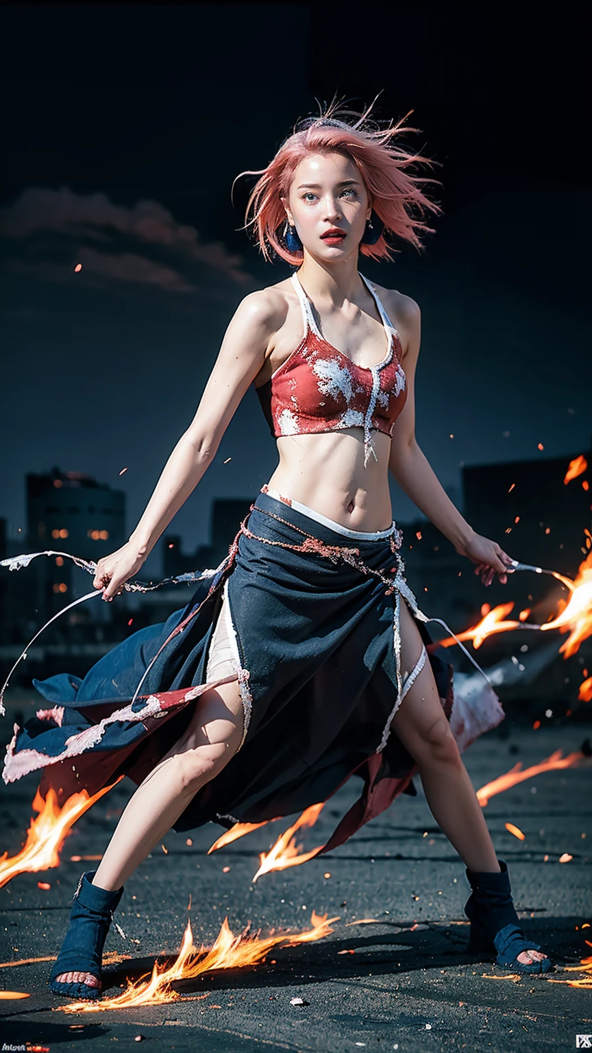 Moisturized skin,Realistic body,(Adult female body),Energetic,(16 years old),(Girl),,Crop top,,Collarbone,Earrings,
BREAK,
Bright red lipstick,(Beautiful navel),(Pink hair),Beautiful hair,Short hair,
BREAK,
((Masterpiece+Top quality+High resolution+Very detailed)), (Full body:1.2),Symmetrical,One shot,
BREAK,
(Wind blowing),(Covered in blue electricity),(Battle stance:1.4),
BREAK,
Assassination,,Fantastic,Dynamism,Very tight leggings,((In the middle of a war, Battle stance),((Fires everywhere, Bloody, Death is everywhere, Corpses, Corpses, Burned down Japanese castle,Hellish,Chaos),