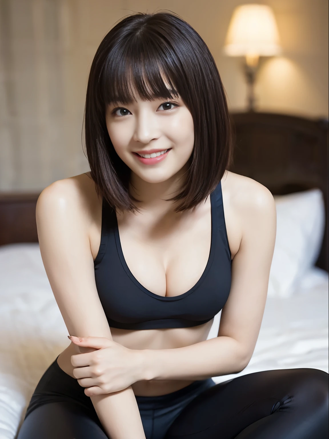 (Realistic、photo Realistic:1.17)、1 girl、(Bob Hair, Shortcuts, Brown Hair)、sitting on a bed, hotel room, (Black sports bra, Black leggings pants)、cleavage, (Browsing Caution:1.3), (Grinning face: 1.0), blush、Make eye contact with the camera、high quality