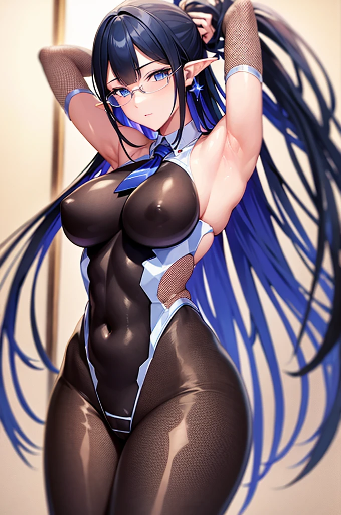 ((masterpiece)),((Highest quality)),High resolution,Highly detailed CG,Perfect lighting,8k wallpaper, One Girl,Alone, rin, Halation, sleeveless, necktie, pantyhose, mature female,taimanin bodysuit, earrings, glasses,No skirt,Bare arms,Cowboy Shot,looking at the camera,Very large breasts,Very large breasts,Very thick legs,Long Hair,Show your armpits,Place both hands behind your head,