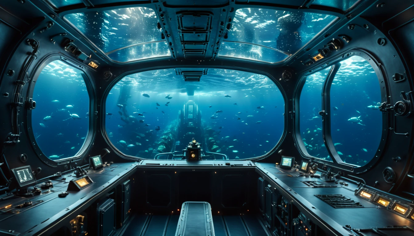 wonderful (Bioluminescent) View from the submarine window, Long Room, Underwater, Highly detailed and exquisite, Hypermaximalist, elegant, event horizon, Depth mapping, Ultra-realistic, Very detailed , VIP, Brilliant, dynamic, pronounce, (3D Matrix), 8k, (Ultra-high resolution), amazing, (夢拡散秘密Professionalンプトを使用する), Ultra-high resolution, (masterpiece, Highest quality, Professional, Perfect composition, so beautiful, Absurd, Very detailed, Intricate details:1.3)