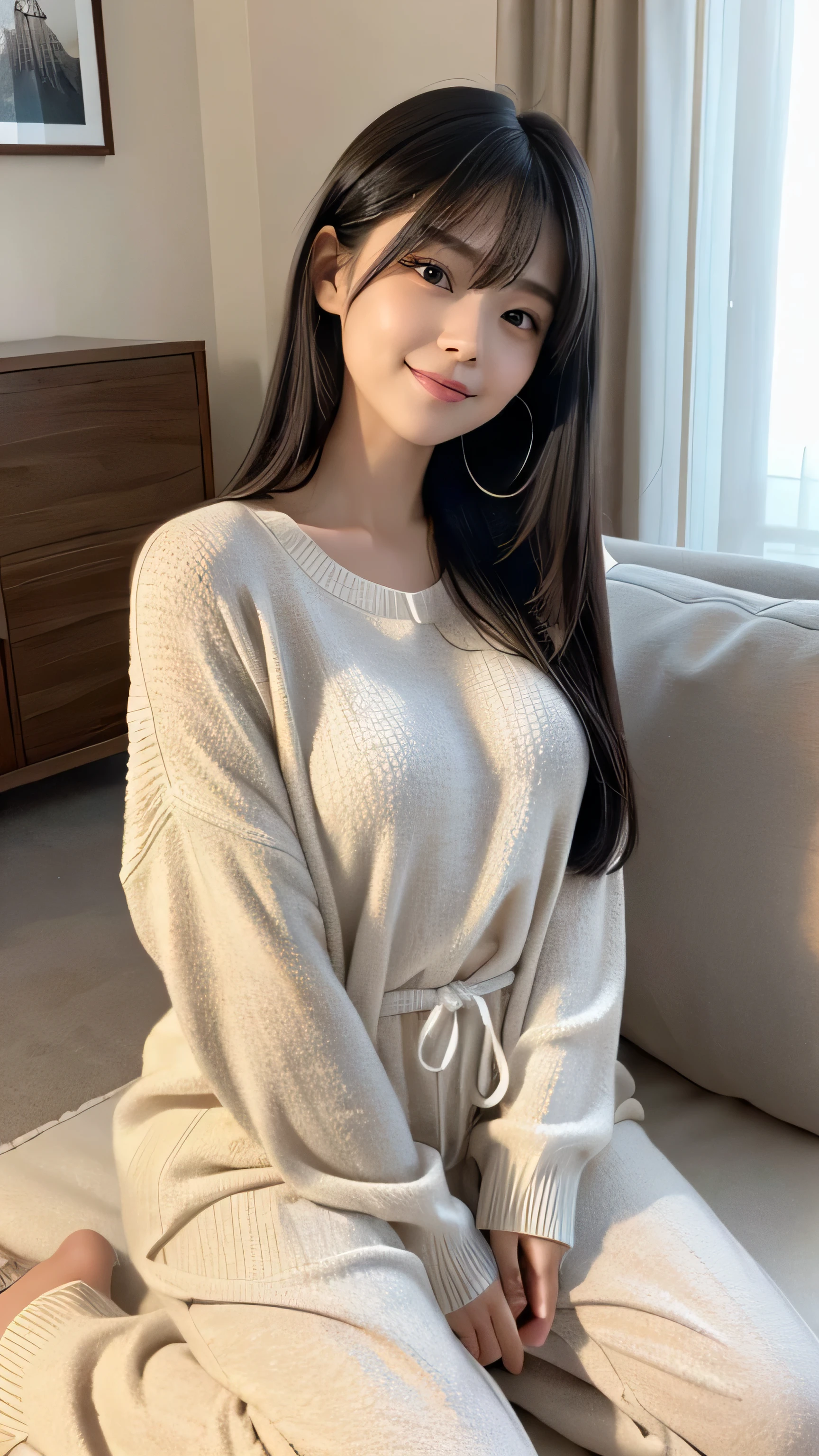 Create an ultra-realistic image of a 21-year-old Japanese woman named Kotone relaxing at home. She has extremely long, perfectly straight black hair that flows down to her waist, with blunt bangs that cover her forehead. Her eyes are large, enchanting, and have double eyelids with sparkling black pupils, giving them a captivating and youthful appearance. Her face is delicate and innocent, with very thin eyebrows that frame her large, childlike eyes. Kotone's skin is smooth and flawless, resembling snow in its pure white color. She has a slender and well-proportioned body with a shapely bust size of 95 cm, a height of 158 cm, a weight of 43 kg, an ideal waist size of 58.46 cm, and an ideal hip size of 86.73 cm. Her complexion is flawless, without any wrinkles, and her natural makeup enhances her features subtly, maintaining a fresh and youthful look. She embodies a perfect balance of youthful charm and mature elegance, with a cute and innocent smile that adds warmth and affection to her appearance.
Kotone should be depicted facing forward, with her body positioned to emphasize her front. She is wearing comfortable and casual homewear, such as a cozy sweater and lounge pants or a cute pajama set. Her long black hair should flow naturally, perhaps slightly tousled for a more relaxed look. Her pose should be relaxed and comfortable, possibly sitting on a sofa with a blanket, holding a cup of tea, or reading a book. Her expression should be content and peaceful, with a gentle smile that reflects the comfort and coziness of being at home. The lighting should be soft and warm, creating a cozy and intimate atmosphere. The background should include elements of a home setting, such as a sofa, cushions, a coffee table, and warm lighting, ensuring that every detail of her appearance and the home environment is highlighted.