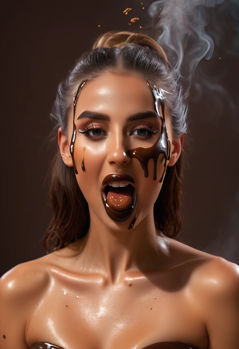 photorealistic of a beauty goddess holding a big donuts in her mouth, slappy, chocolate drip all over her face, happy face, close up,, dynamic motion, cinematic movement, blurry edges, serious expression, super detailed, perfect face(face detailed:1.5), perfect motion, side view, best quality, smoke trail along the motion with a fire element transition movement of color background