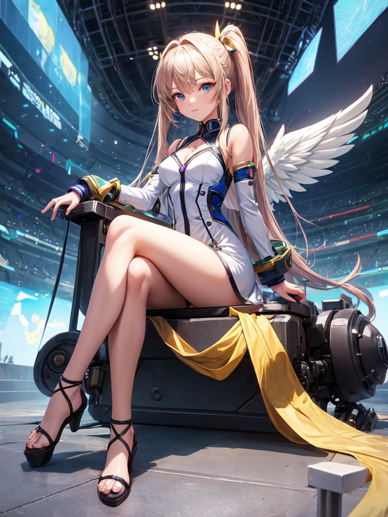 Female angel anime style Dorbach , Mecha Mini Dress 2D, Sitting, Spectators((Highest quality)), ((masterpiece)), (detailed) ((Centered Images))