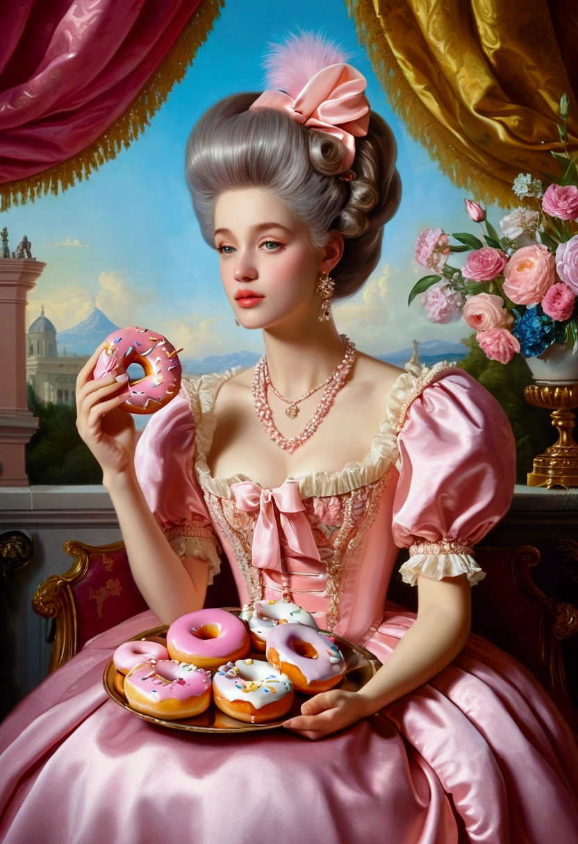 (Eating Donuts), rococo style portrait oil painting with elegant and ornate details, pink accents and pastel colors, full body, award-winning, cinematic still, emotional, vignette, dynamic, vivid, (masterpiece, best quality, photorealistic, Professional, perfect composition, very aesthetic, absurdres, ultra-detailed, intricate details:1.3)